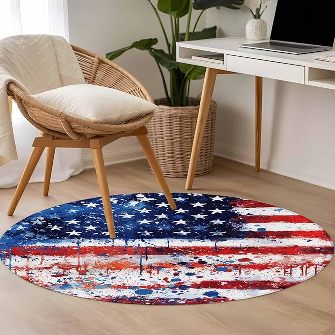 Mottled Red Blue White Stars Painted Flag Small Round Rug 3 Ft, Area Rugs Washable Non Slip Indoor Floor Mats Circle Carpet for Living Room Bedroom Dining Room Home Decor