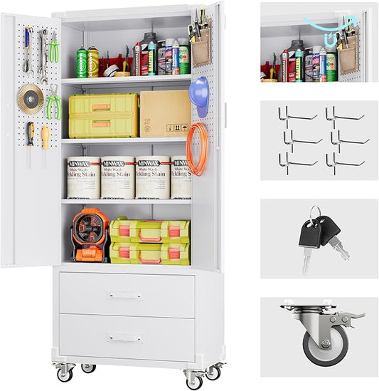 Reemoon Garage Storage Cabinet with 2 Drawers and Pegboard, Metal Storage Cabinet with 2 Lockable Doors for Garage Home Warehouse,Required Assembly,White,71.2" H*15.2" D*30" W