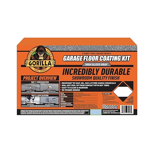 Gorilla Epoxy Garage Floor Coating (12 pc) Kit, 2.5-Car, Concrete Flooring, 100% Solids, Superior Adhesion, Incredibly Durable High Gloss Gray Finish, 550 sq. ft. Coverage