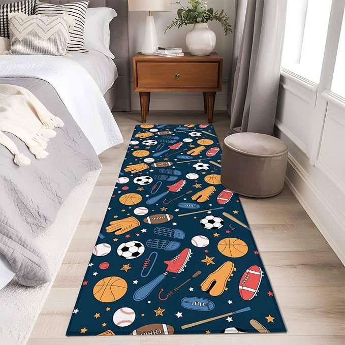 Cartoon Sports Runner Rug 2'x6', Baseball Soccer Basketball Rugby Sneakers Hallway Runner Rugs Washable Non-Slip Bedside Floor Mats Carpet for Kitchen Bedroom Laundry Room Bathroom