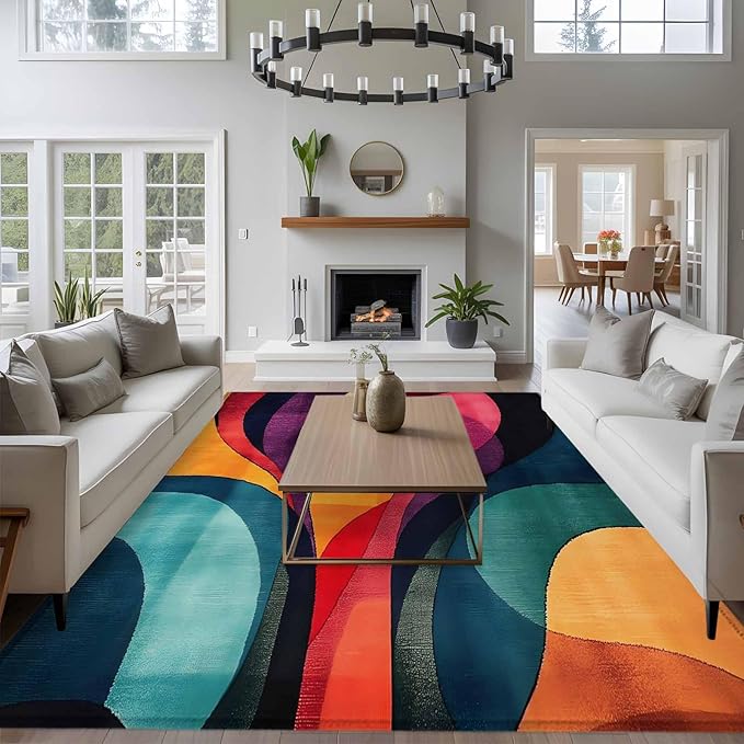 Minimalist Art 8'x10' Large Area Rugs, Abstract Yellow Blue Color Block Line Washable Area Rugs Non-Slip Indoor Floor Mats Large Carpet for Living Room Bedroom Dining Room