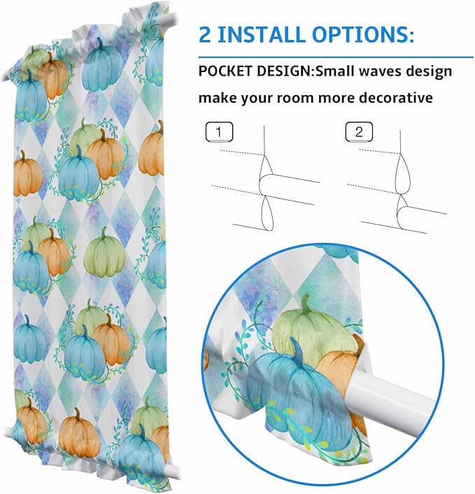 French Door Curtain Panel for Front Door, Thanksgiving Autumn Pumpkin Plants Watercolor Geometric Slidelight Door Curtains with Tieback Light Filtering Privacy Panels for Doorway Entryway 25"x 40"