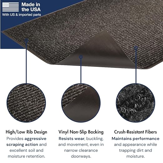 Notrax Heritage Rib™ Commercial Indoor Door Mat Office Rugs – 3' x 5' Charcoal Front Door Mat with Double Rib 22oz Yarn, Non-Slip Vinyl Backing – Durable Entryway Rug Made in The USA – 117S0035CH