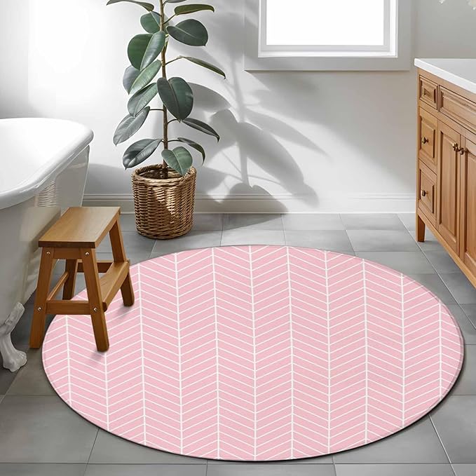 Pink Herringbone Stripes Round Rug 4 Ft, Modern Abstract Geometric Pink Simple Lines Circle Area Rugs Washable Non Slip Indoor Floor Mats Carpet for Living Room Bedroom Dining Room Home Decor