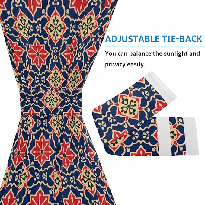 French Door Curtain Panel for Front Door, Flower Pattern Vintage Red Blue Slidelight Door Curtains with Tieback Light Filtering Privacy Panels for Doorway Entryway 25"x 40"