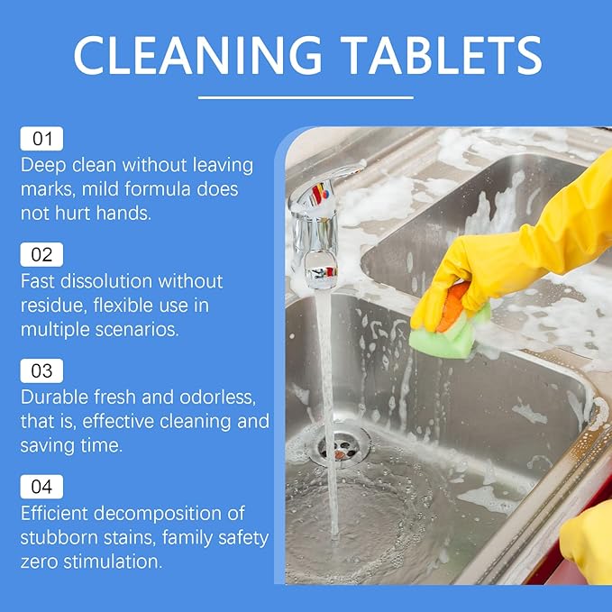 Multi-Surface Cleaning Tablets with Sodium Bicarbonate & Salt, Fast-Dissolving Foaming Action for Kitchen & Bathroom, 10 Piece