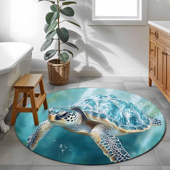 Marine Animal Round Rug 4 Ft, Ocean Turtle Modern Art Abstract Style Circle Area Rugs Washable Non Slip Indoor Floor Mats Carpet for Living Room Bedroom Dining Room Home Decor