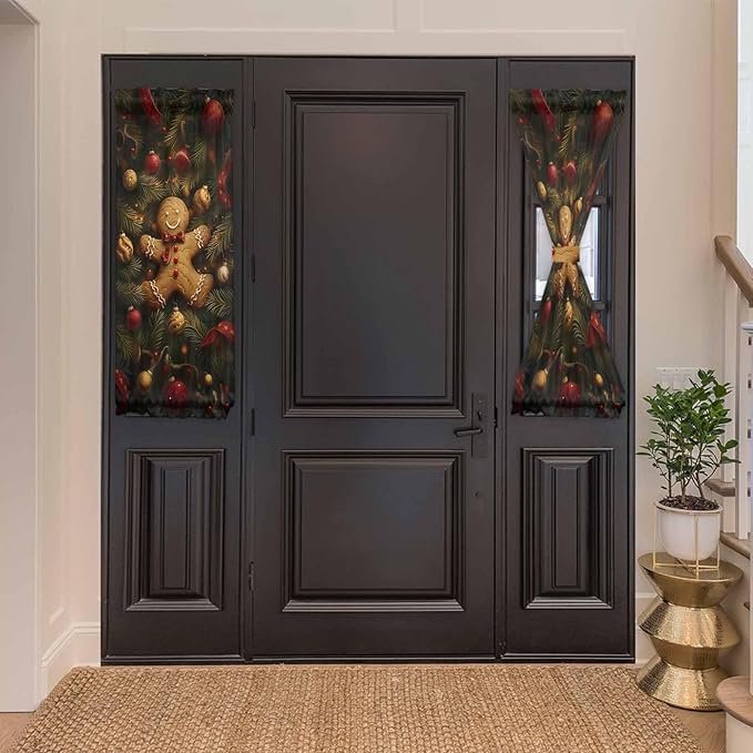 Christmas French Door Curtain Panel for Front Door, Gingerbread Man Pine Branch Xmas Light Balls Slidelight Door Curtains with Tieback Light Filtering Privacy Panels for Doorway Entryway 25"x 40"
