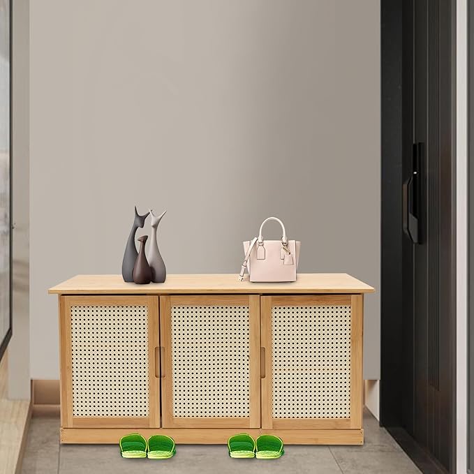 Shoe Storage Bench,Rattan Shoe Bench,Shoe Storage Bench Organizer,Entryway Shoe Bench with Plastic Rattan Doors,Shoe Rack Organizer Adjtable Shelves,Shoe Rack Organizer Space,for Bedroom