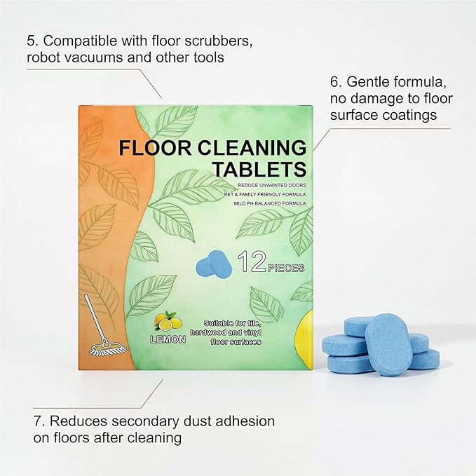 Floor Cleaning Tablets, 12pcs Floor Cleaner Tablets For Mopping, Deep Cleans For Multiple Hard Floorss, Suitable With All Robot Vacuums With Mopping And Cordless Wet/Dry Vacuum Mop Cleaner Lemon Scent