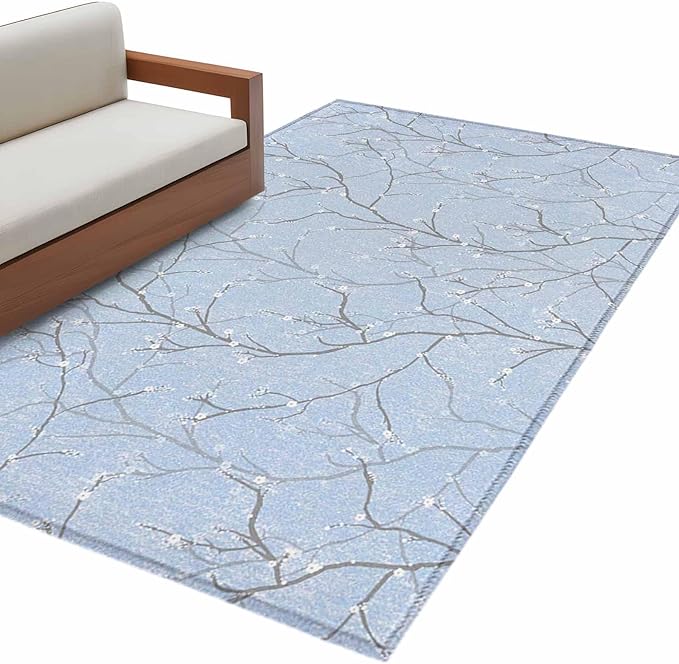 Blue Tree Branch 3'x5' Area Rugs, Retro Classic Art Blue Tree Branches Flower Washable Area Rugs Non-Slip Indoor Floor Mats Carpet for Living Room Bedroom Dining Room