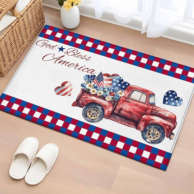 Red Truck USA Flag Stars Entryway Rug 2'x3', God Bless America Small Area Rug Non-Slip Front Door Mat Washable Floor Carpet for Indoor Entrance Kitchen Bathroom