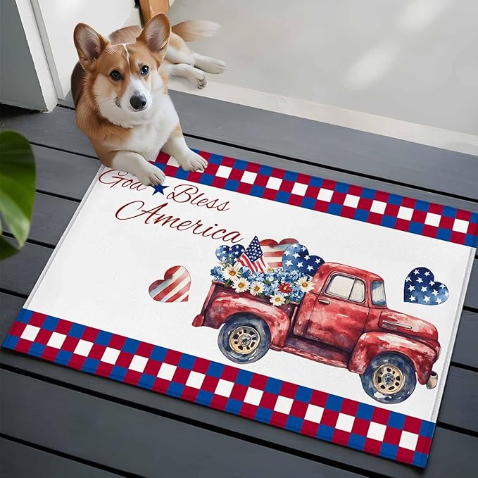 Red Truck USA Flag Stars Entryway Rug 2'x3', God Bless America Small Area Rug Non-Slip Front Door Mat Washable Floor Carpet for Indoor Entrance Kitchen Bathroom
