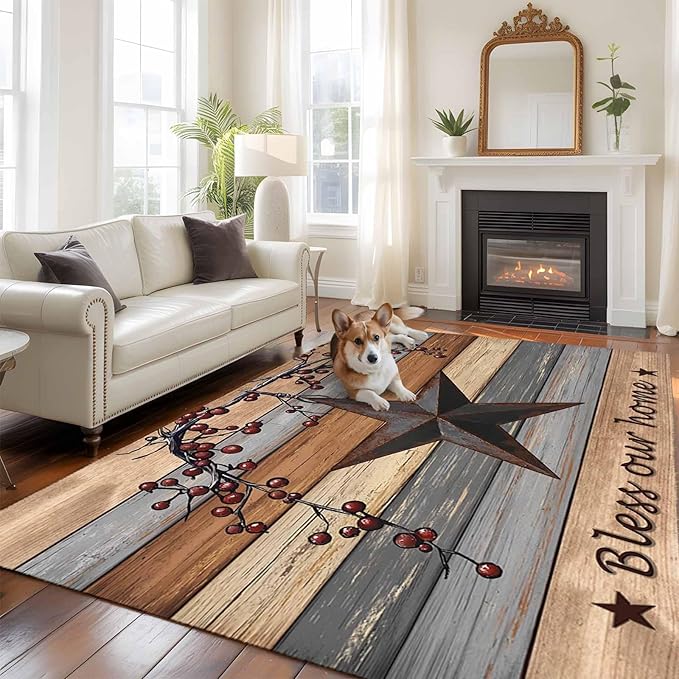 Country Stars 5'x7' Area Rugs, Vintage Rust Black Star Berry Brown Light Blue Wood Grain Washable Area Rugs Non-Slip Indoor Floor Mats Carpet for Living Room Bedroom Dining Room