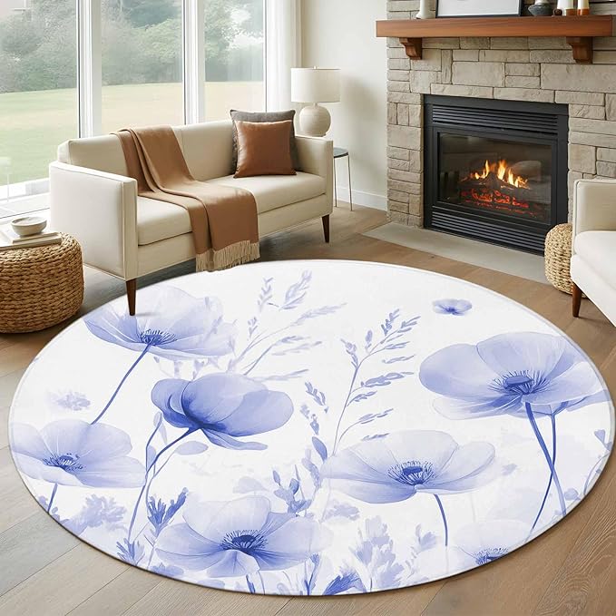 Flower Large Round Rug 8Ft, Blue Circle Area Rugs Washable Non Slip Indoor Floor Mats Carpet for Living Room Bedroom Dining Room Home Decor
