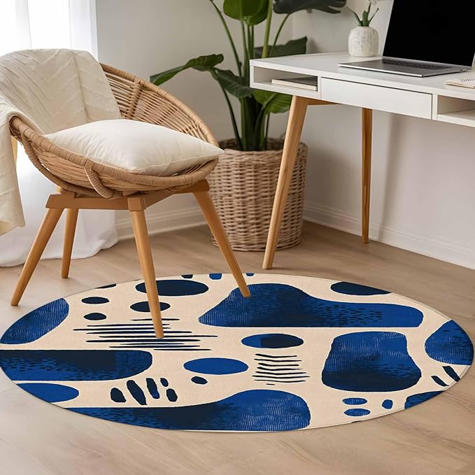 Modernism Small Round Rug 3 Ft, Blue Black Geometric Abstract Style Area Rugs Washable Non Slip Indoor Floor Mats Circle Carpet for Living Room Bedroom Dining Room Home Decor