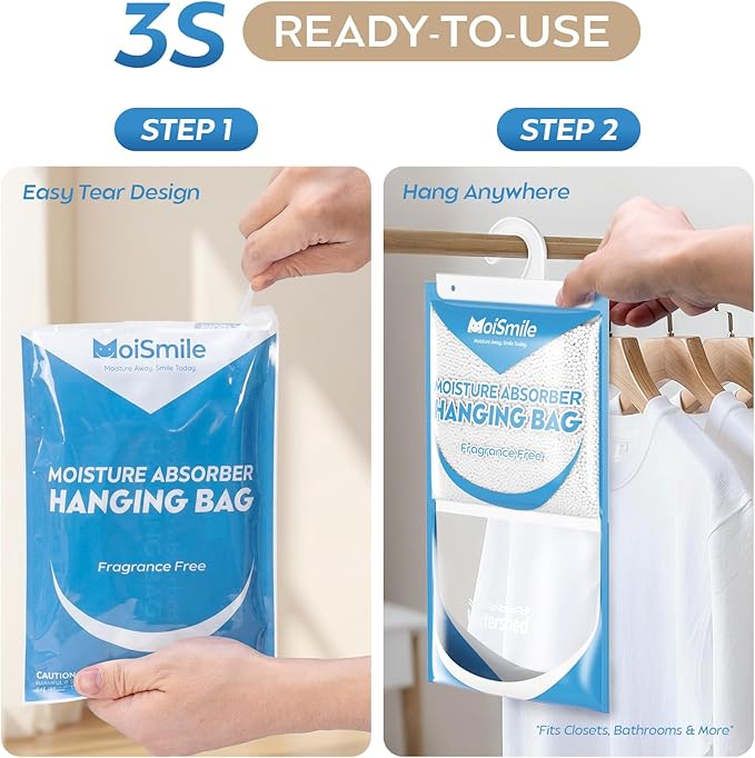 Hanging Moisture Absorbers 3 Pack Net Wt. 17.5oz/Pack, Fragrance Free Closet Dehumidifier Bags, Odor Eliminator & Humidity Absorber, Humidity Packs for Bathroom, Bedroom, Basement, Car, RV & Boat