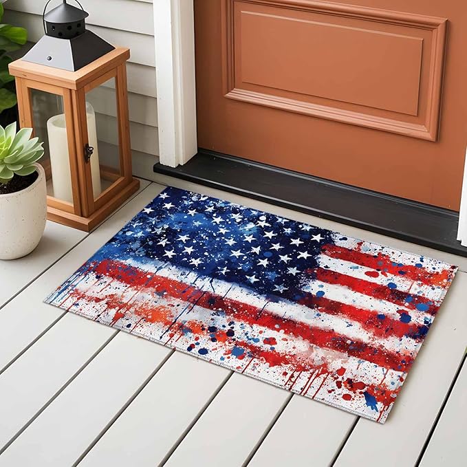 Mottled Red Blue White Stars Painted Flag Entryway Rug 2'x3', Small Area Rug Non-Slip Front Door Mat Washable Floor Carpet for Indoor Entrance Kitchen Bathroom