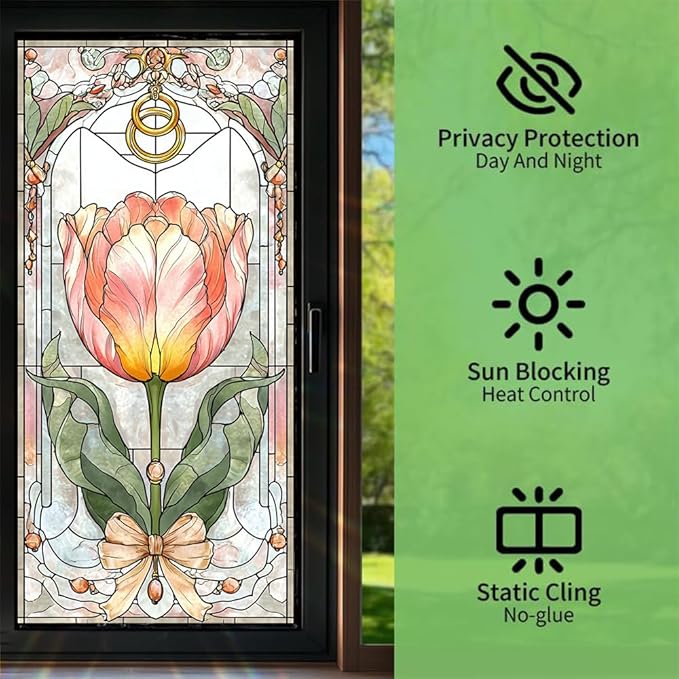 Window Film 17.3 x 39.4 Inch Tulip Stained Glass Inspired Design PVC Decorative Privacy Window Covering for Home Entryway Living Space Artistic Glass Surface Style