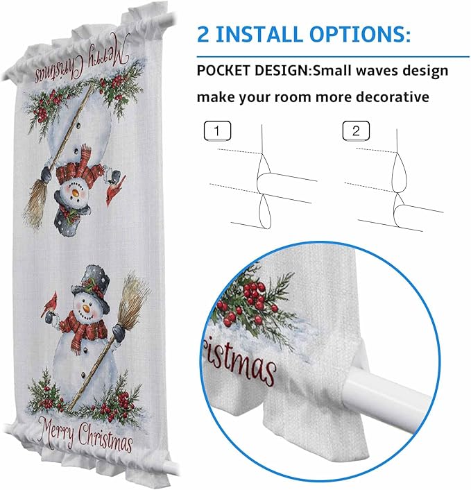 Christmas French Door Curtain Panel for Front Door, Retro Gray Snowman Cardinal Bird Merry Christmas Slidelight Door Curtains with Tieback Light Filtering Privacy Panels for Doorway Entryway 25"x 40"