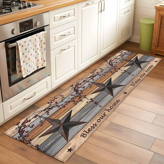 Country Stars Runner Rug 2'x6', Vintage Rust Black Star Berry Brown Light Blue Wood Grain Hallway Runner Rugs Washable Non-Slip Bedside Floor Mats Carpet for Kitchen Bedroom Laundry Room Bathroom