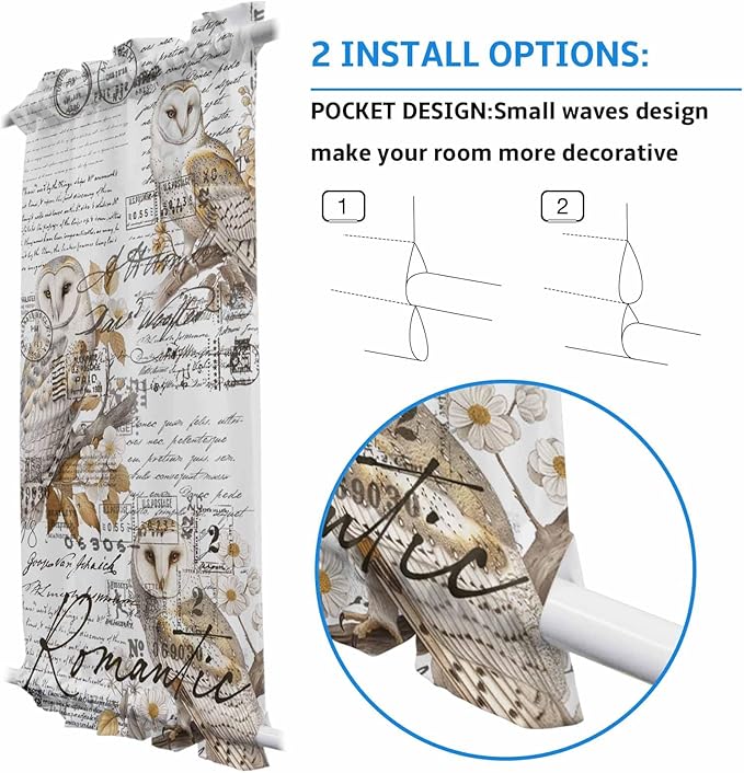French Door Curtain Panel for Front Door, Bird Owl Flower Envelope Postmark Black White Slidelight Door Curtains with Tieback Light Filtering Privacy Panels for Doorway Entryway 25"x 40"