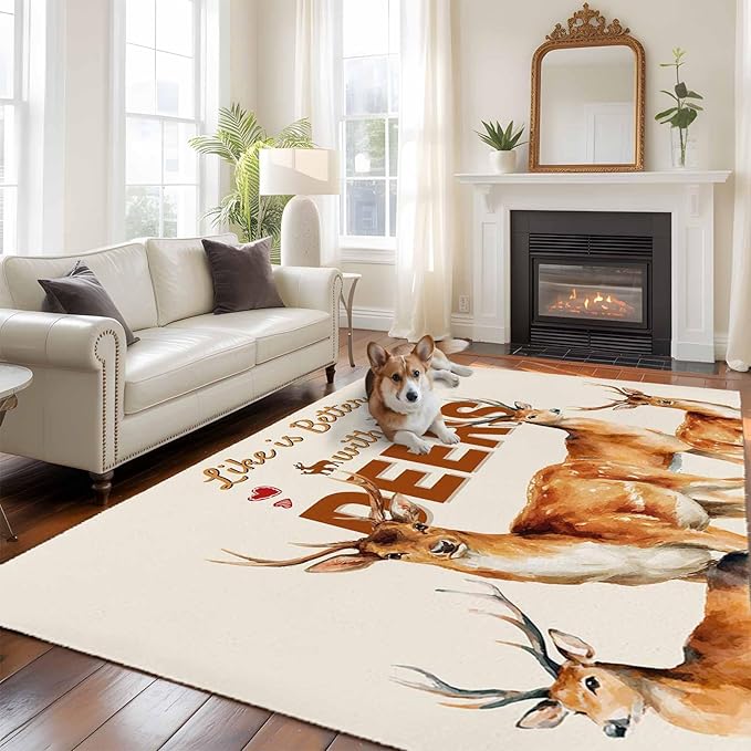 Beige Deer 5'x8' Large Area Rugs, Wildlife Animals Rustic Farmhouse Elk Rustic Farmhouse Washable Area Rugs Non-Slip Indoor Floor Mats Large Carpet for Living Room Bedroom Dining Room
