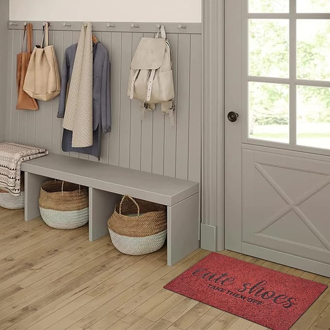 Entryway Cute Shoes Take Them Off Outdoor Mats with Rubber Backing Doormat Indoor Mat Polystyrene Backing Non Slip Natural Mat 18x28 inch Red