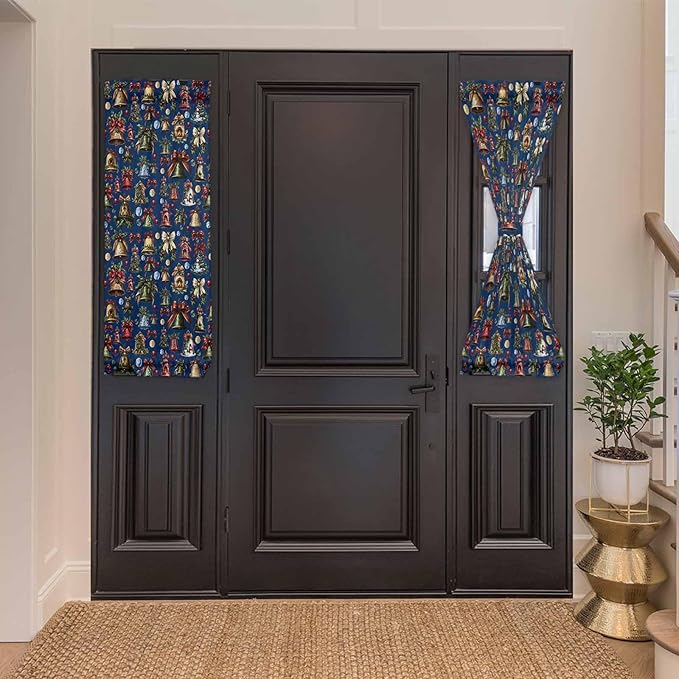 Christmas French Door Curtain Panel for Front Door, Various Christmas Ornaments Bows Bells Navy Blue Slidelight Door Curtains with Tieback Light Filtering Privacy Panels for Doorway Entryway 25"x 40"