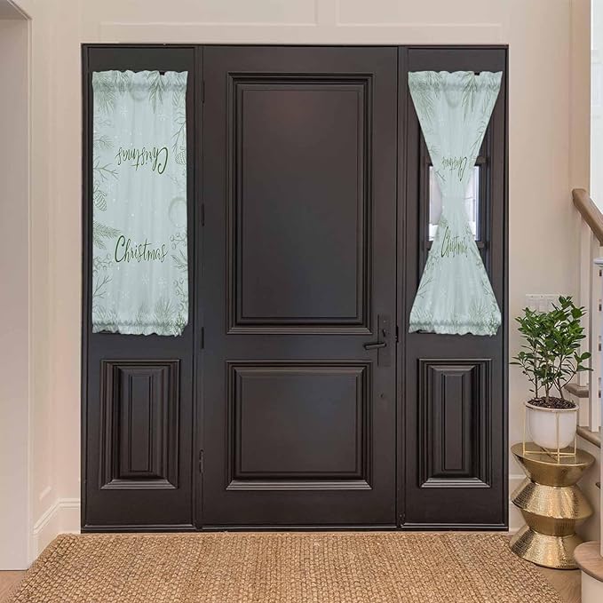 Christmas French Door Curtain Panel for Front Door, Pale Green Botanical Leaves Berries Christmas Slidelight Door Curtains with Tieback Light Filtering Privacy Panels for Doorway Entryway 25"x 40"