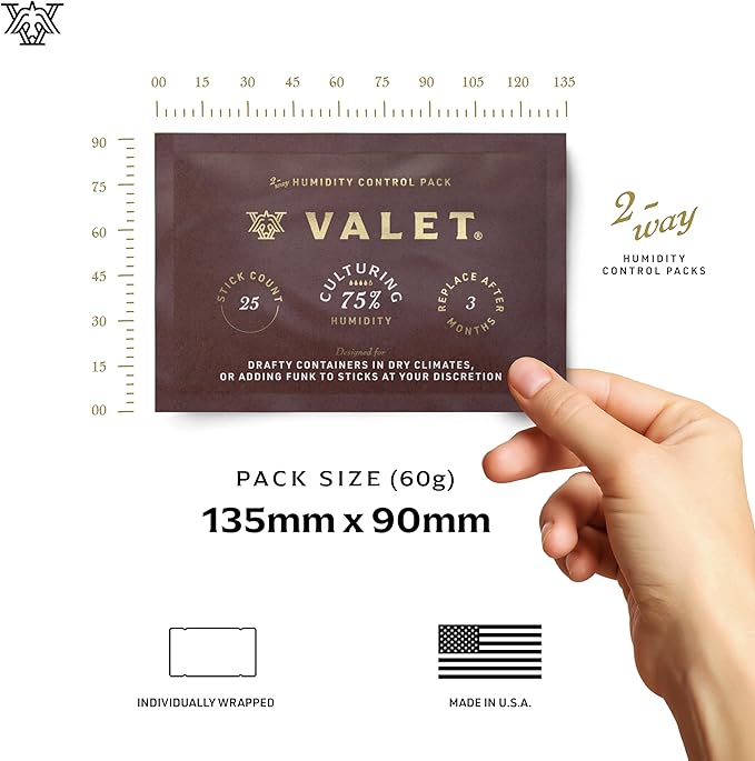 Valet 75% Two-Way Humidity Pack Single (60g), Individually Wrapped Humidity Control Pack for Moisture Restoration, Moisture Absorber for Leaky Wood & Breathable Storage, Made in USA