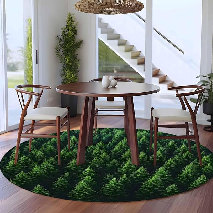 Green Forest Round Rug 6 Ft, Pine Trees Forest Landscape Style Summer Circle Area Rugs Washable Non Slip Indoor Floor Mats Carpet for Living Room Bedroom Dining Room Home Decor
