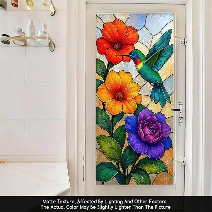 Colorful Bird Flower Privacy Film Stained Glass Style Static Cling No Glue Decorative Panel Light Filtering Cover for Kitchen Door Studio Entryway 17.7x39.3 inch
