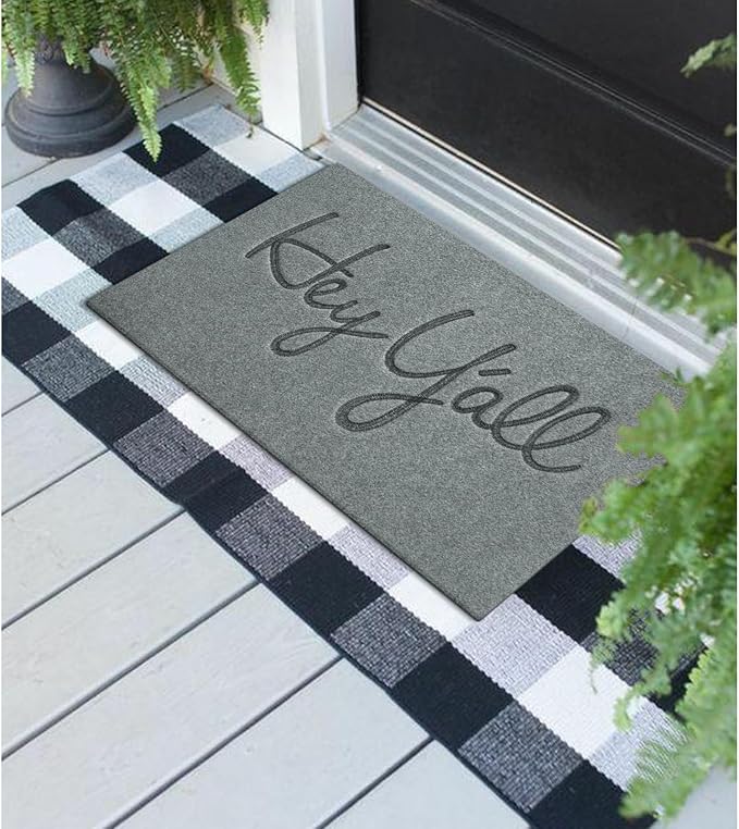 Mats Outdoor Front Door Mat Indoor Entrance with Non Slip Rubber Back Funny Durable Heavy Duty Backing Hey Y'all Doormats Entryway Decor for Home Decor Farmhouse, Light Gray 28" x 18"