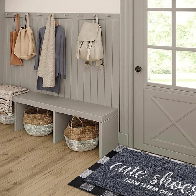 Welcome Mat Entryway Cute Shoes Take Them Off Front Door Mats 24"x 36" with Rubber Backing Out Doormat Non Slip Natural Doormats Grey