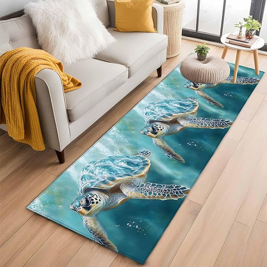 Marine Animal Runner Rug 2'x6', Ocean Turtle Modern Art Abstract Style Hallway Runner Rugs Washable Non-Slip Bedside Floor Mats Carpet for Kitchen Bedroom Laundry Room Bathroom