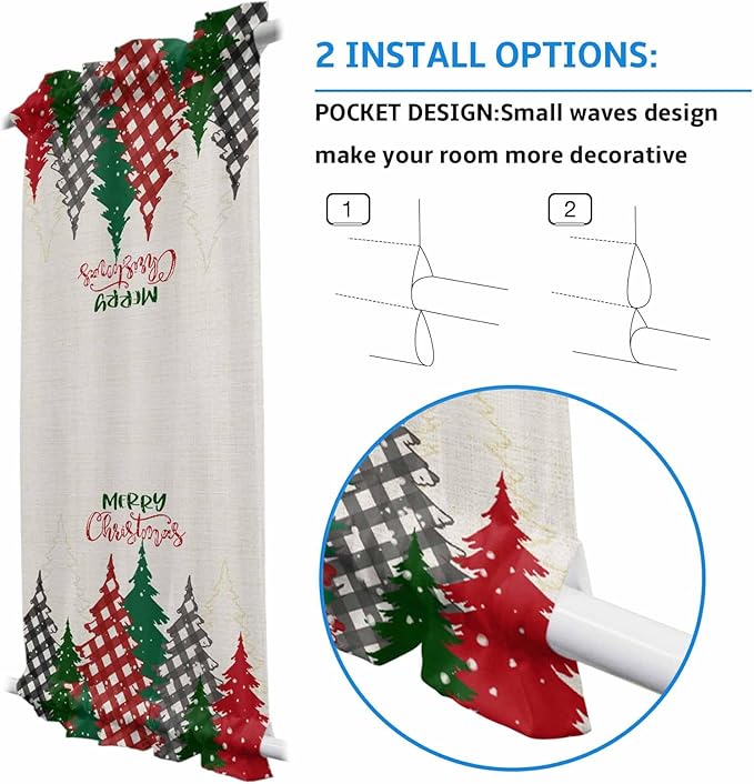 Christmas French Door Curtain Panel for Front Door, Red Gray Plaid Xmas Trees Vintage Beige Slidelight Door Curtains with Tieback Light Filtering Privacy Panels for Doorway Entryway 25"x 40"