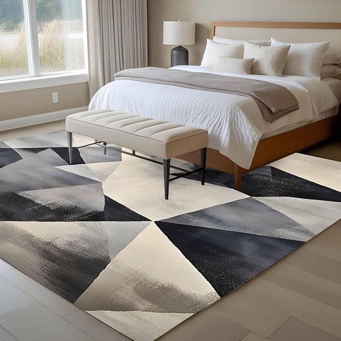 Color Block 8'x10' Large Area Rugs, Modernism Blue Beige Line Abstract Art Washable Area Rugs Non-Slip Indoor Floor Mats Large Carpet for Living Room Bedroom Dining Room
