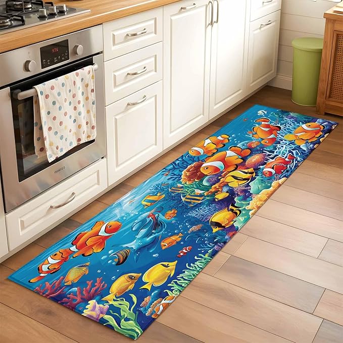 Ocean Marine Runner Rug 2'x6', Life Fish Coral Seagrass Underwater Coastal Hallway Runner Rugs Washable Non-Slip Bedside Floor Mats Carpet for Kitchen Bedroom Laundry Room Bathroom