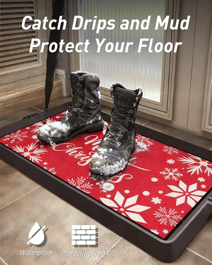 SUPENUIN Christmas Boot Tray Mat - Heavy Duty Snow & Water Catch Tray, Waterproof Rubber Shoe Mat with Lip for Entryway, Indoor & Outdoor Holiday Decor Storage (16"x48")