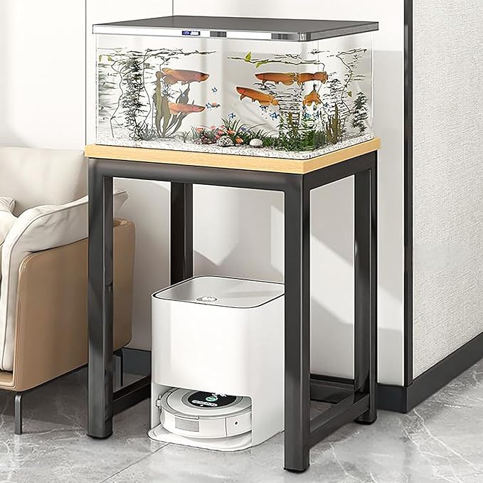 Storage Rack Above The Sweeping Robot,Robot Vacuum Stand Cabinet,Entryway Hallway Double-Tier Robot Vacuum Cleaner Shelf,Steel Frame with Wooden Top,Small End Tables for Bathroom(Brown/Black,50x40/19.