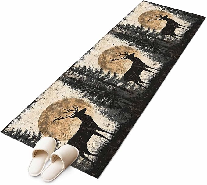 Deer Runner Rug 2'x6', Elk Silhouette Hallway Runner Rugs Washable Non-Slip Bedside Floor Mats Carpet for Kitchen Bedroom Laundry Room Bathroom
