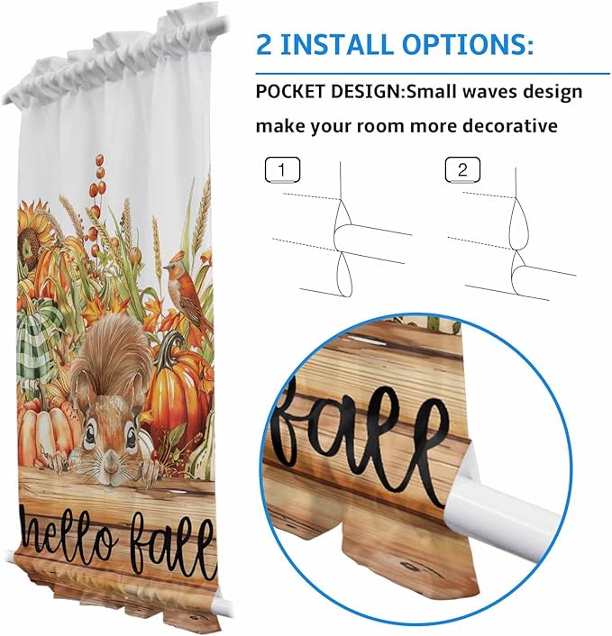 French Door Curtain Panel for Front Door, Fall Harvest Pumpkins Squirrel Wood Board Slidelight Door Curtains with Tieback Light Filtering Privacy Panels for Doorway Entryway 25"x 40"