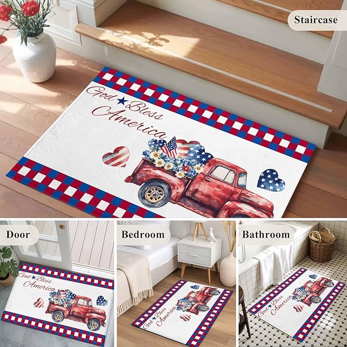 Red Truck USA Flag Stars Entryway Rug 2'x3', God Bless America Small Area Rug Non-Slip Front Door Mat Washable Floor Carpet for Indoor Entrance Kitchen Bathroom