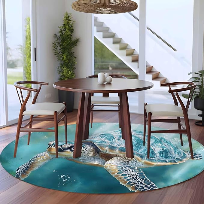 Marine Animal Round Rug 6 Ft, Ocean Turtle Modern Art Abstract Style Circle Area Rugs Washable Non Slip Indoor Floor Mats Carpet for Living Room Bedroom Dining Room Home Decor
