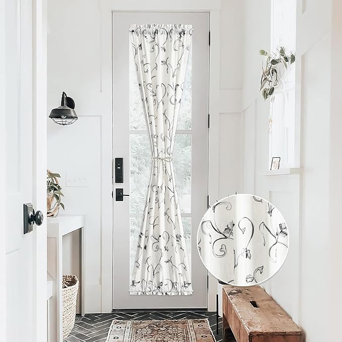 VOGOL Faux Linen Curtains for Sidelight Door, Green Vines Pattern Privacy Decorative French Door Panels for Cafe Hotel Farmhouse, 36 x 72 Inches, 1 Piece