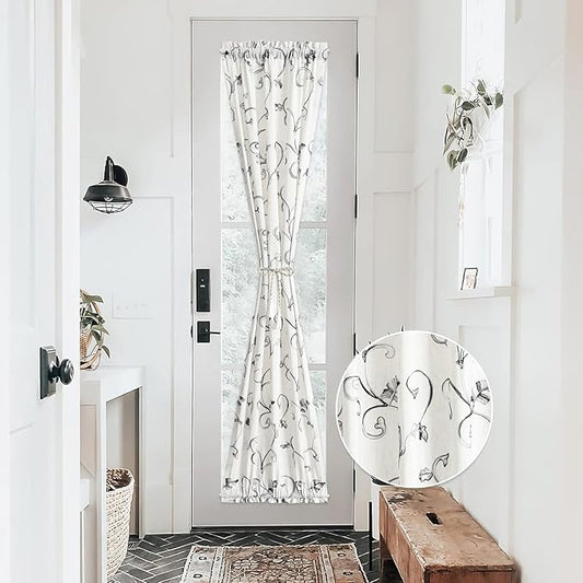 VOGOL Faux Linen Curtains for Sidelight Door, Green Vines Pattern Privacy Decorative French Door Panels for Cafe Hotel Farmhouse, 36 x 72 Inches, 1 Piece