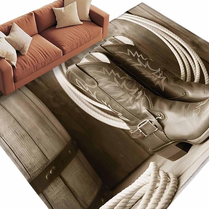 Western Cowboy 8'x10' Large Area Rugs, Vintage Countryside Cowboy Boots Ropes Washable Area Rugs Non-Slip Indoor Floor Mats Large Carpet for Living Room Bedroom Dining Room