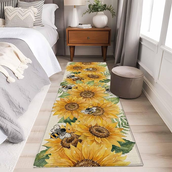 Watercolor Sunflower Cartoon Farmhouse Bee Linen Texture Runner Rug 2'x6', Hallway Runner Rugs Washable Non-Slip Bedside Floor Mats Carpet for Kitchen Bedroom Laundry Room Bathroom