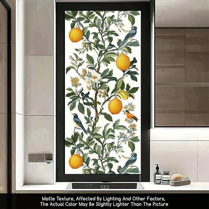 Lemon Bird Botanical Privacy Film Static Cling Decorative Glass Cover No Glue Light Filtering Window Panel for Kitchen Balcony Sunroom Door 17.7x39.3 inch